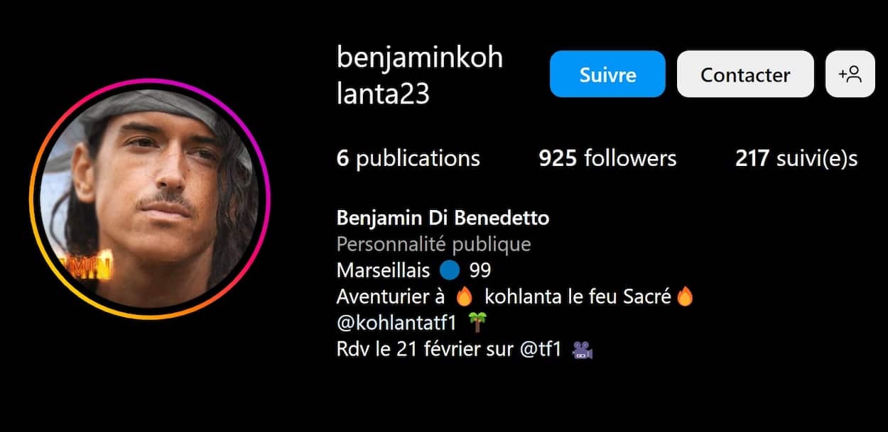 Benjamin le marseillais de Koh Lanta a un compte officiel sur Instagram 
