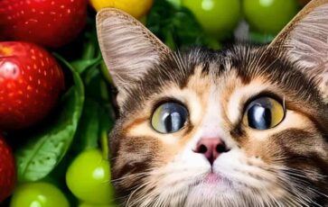 Un chat avec des fruits en arrière plan