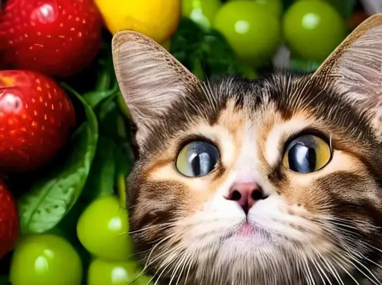 Un chat avec des fruits en arrière plan