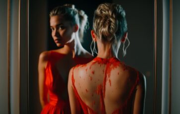 Femme de dos qui se regarde dans le miroir en face d'elle