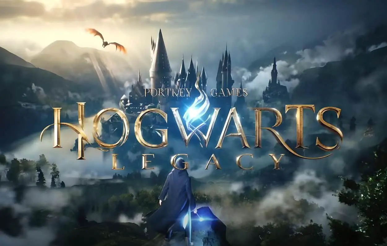 Image officielle de l'éditeur Hogwarts Legacy avec titre et château en fond
