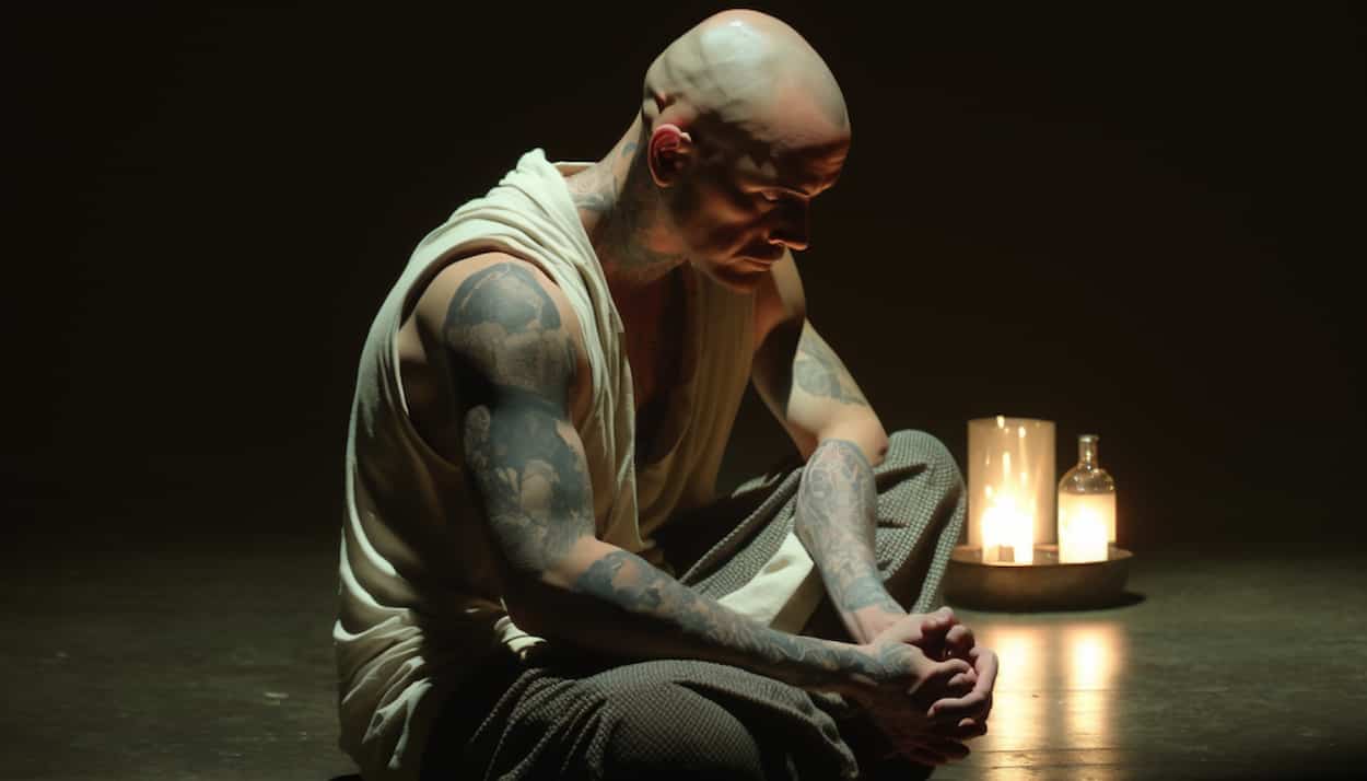 Un homme avec des tatouages qui médite dans une salle sombre et éclairée par une bougie