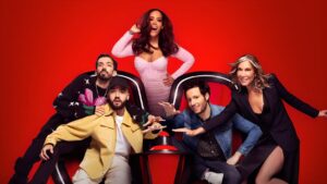 Le nouveau jury 2023 de The Voice avec Amel Bent, Vianney, Zazie, Big Flo et Oli sur fond rouge