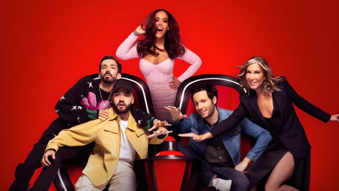 Le nouveau jury 2023 de The Voice avec Amel Bent, Vianney, Zazie, Big Flo et Oli sur fond rouge