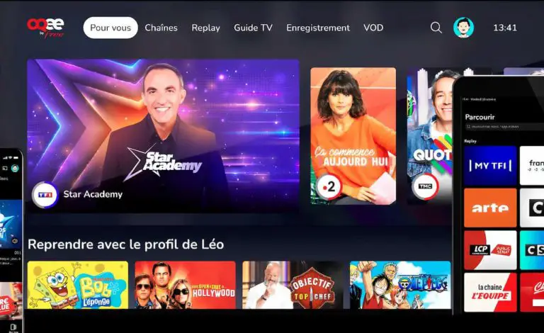 Une image avec le service gratuit Oqee de Free qui permet de regarder la TV en direct