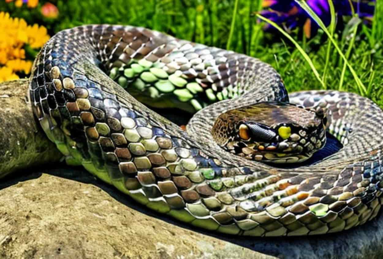 Serpent dans un jardin posé sur une pierre 