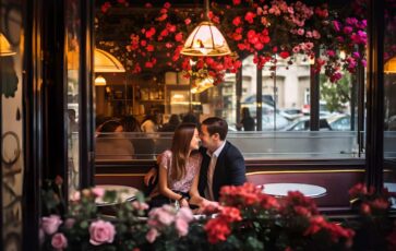 Couple amoureux dans un restaurant à Paris
