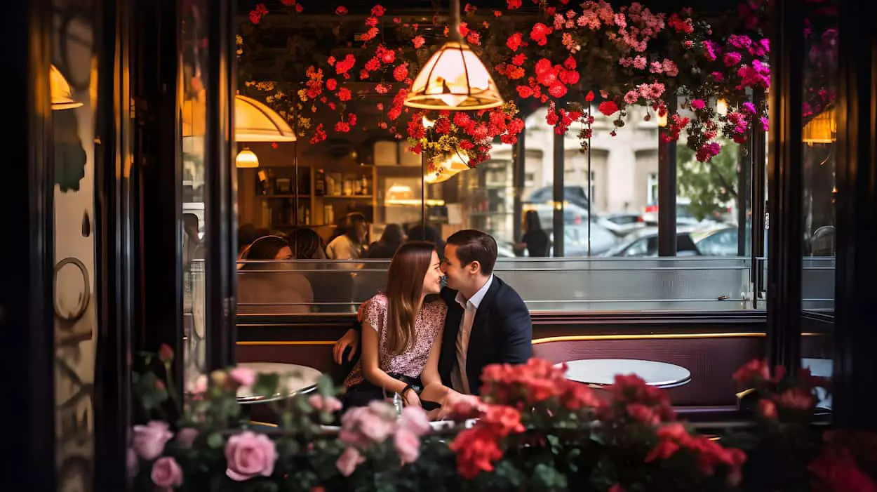 Couple amoureux dans un restaurant à Paris