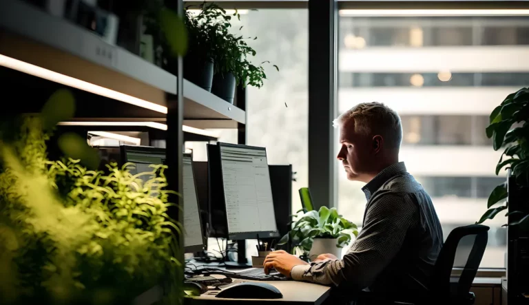 Un homme qui travaille sur un PC avec des plantes vertes autour