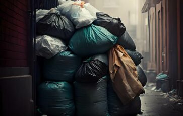 Plusieurs sacs poubelles non ramassées dans une ville