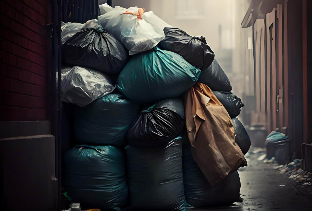 Plusieurs sacs poubelles non ramassées dans une ville