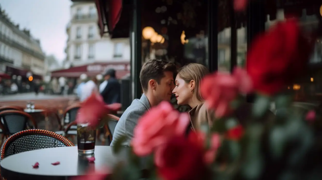 Un homme et une femme qui sont amoureux boit un verre à Paris
