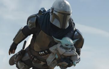 Bébé Yoda et Mando qui volent