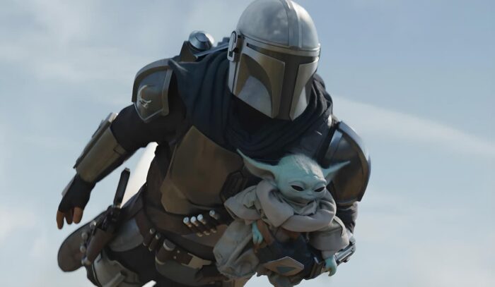 Bébé Yoda et Mando qui volent
