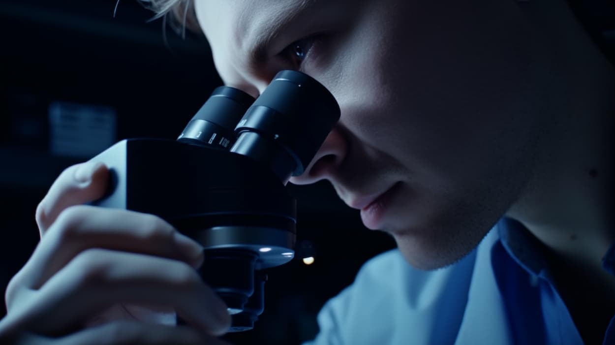 Homme regarde des bactéries avec un microscope