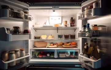 Un frigo ouvert dans une cuisine avec de la lumière à l'intérieur