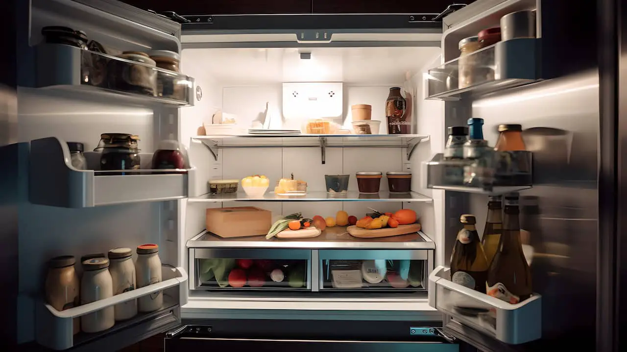 Un frigo ouvert dans une cuisine avec de la lumière à l'intérieur
