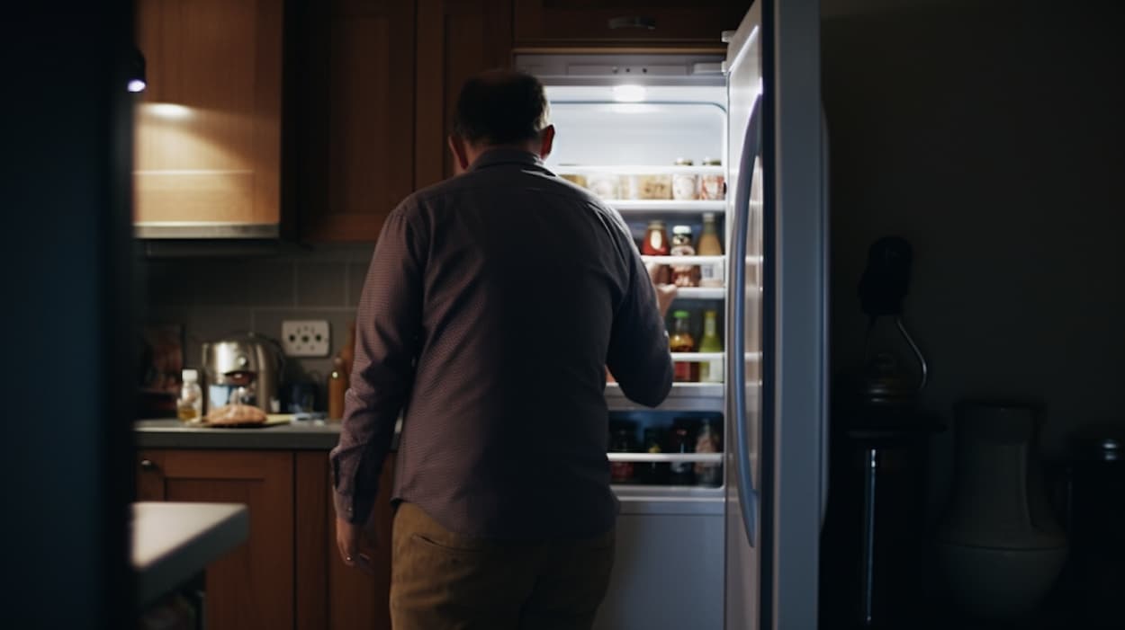 Un homme ouvre un frigo dans sa cuisine