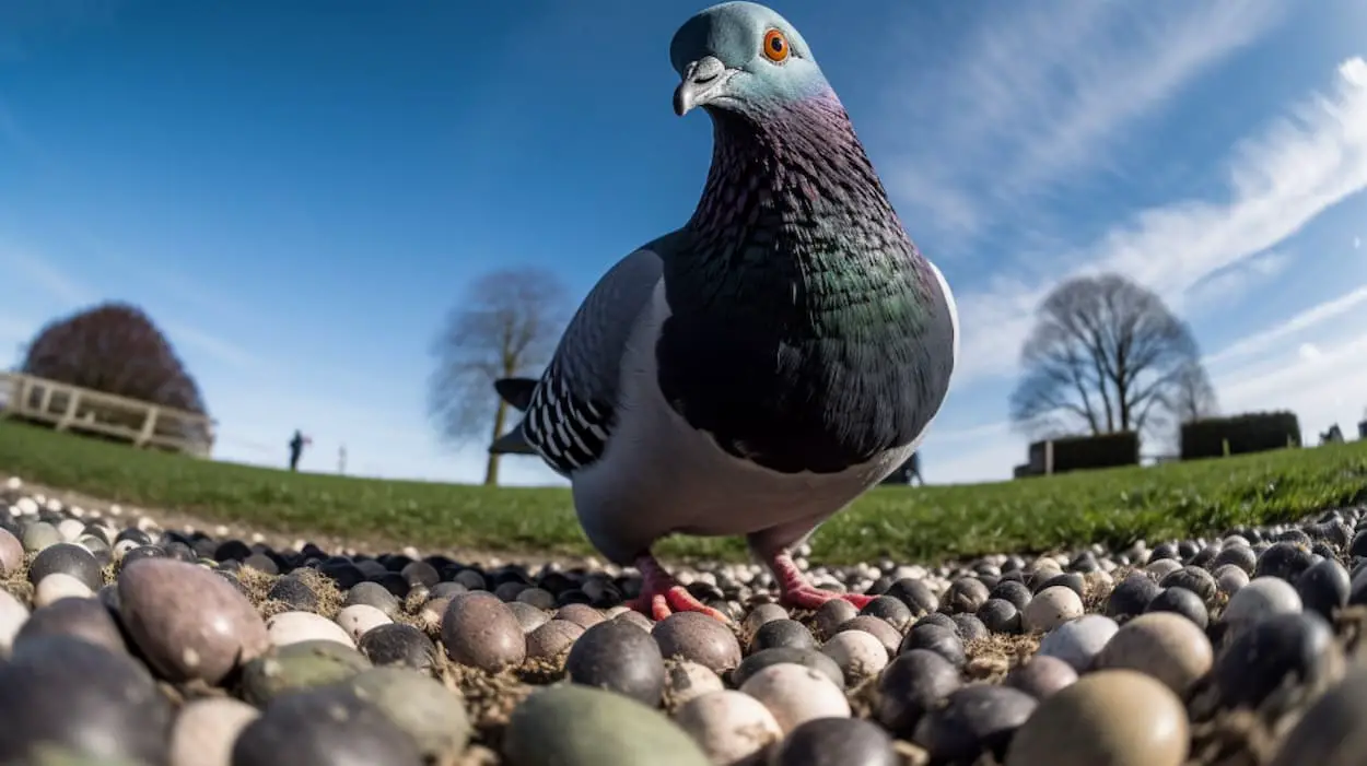 Un pigeon regarde des oeufs