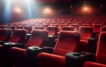 Salle de cinéma rouge avec lumière tamisée