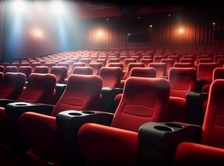 Salle de cinéma rouge avec lumière tamisée