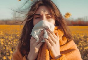 Femme qui se mouche dans un champ avec du pollen