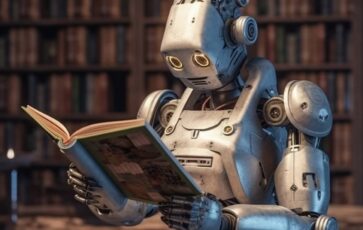 Robot qui lit un livre dans une bibliothèque