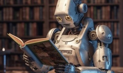 Robot qui lit un livre dans une bibliothèque