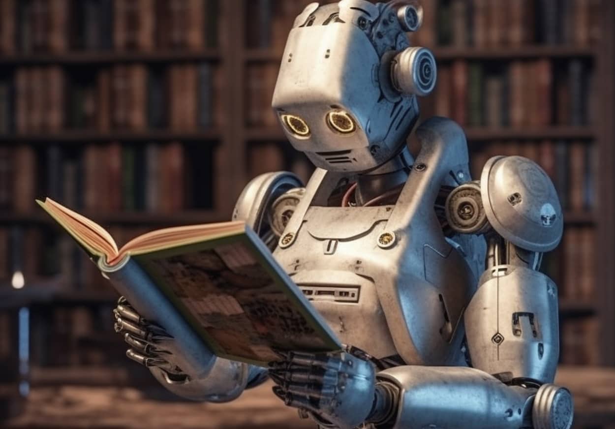 Robot qui lit un livre dans une bibliothèque