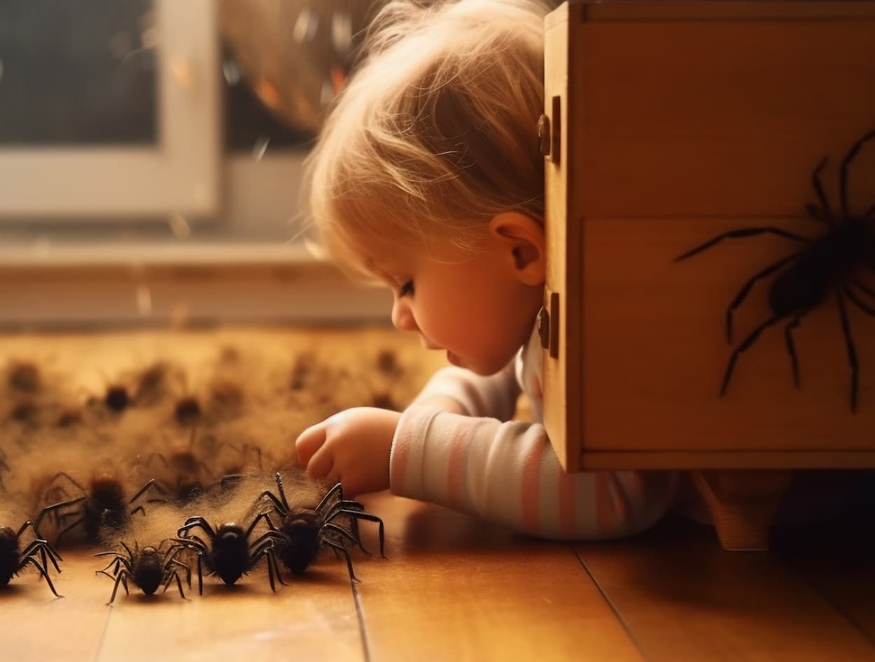 Araignées avec un enfant dans une maison