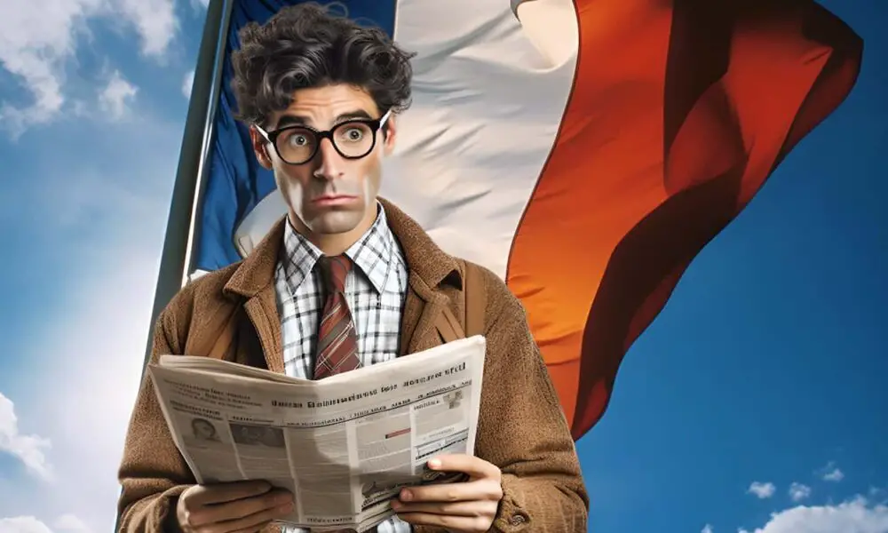 Homme lit un journal avec le drapeau français en arrière plan