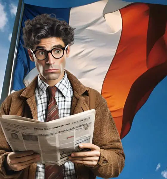 Homme lit un journal avec le drapeau français en arrière plan