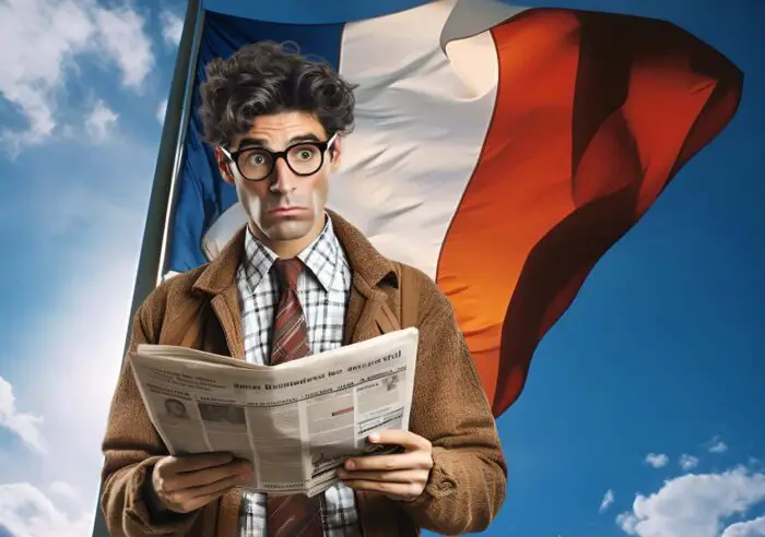 Homme lit un journal avec le drapeau français en arrière plan