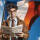 Homme lit un journal avec le drapeau français en arrière plan