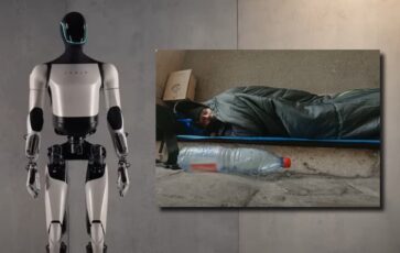 Un homme sans-abri et le robot Tesla