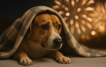 Chien effrayé pendant un feu d'artifice
