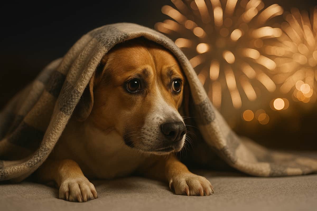 Chien effrayé pendant un feu d'artifice