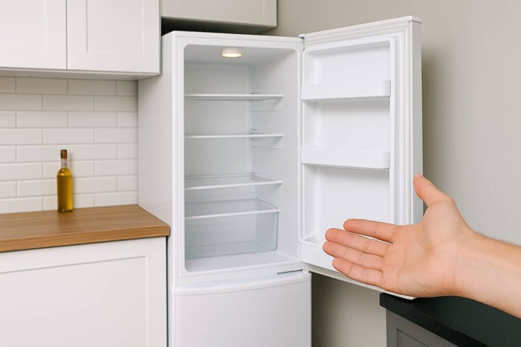 Une main qui présente un frigo