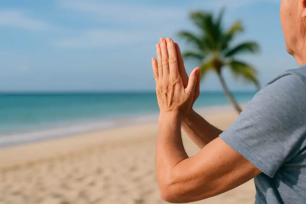 Un retraité qui fait du yoga sur la plage