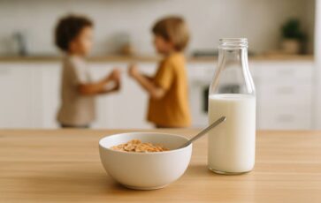 Un bol de lait avec des enfants qui jouent derrière dans une cuisine