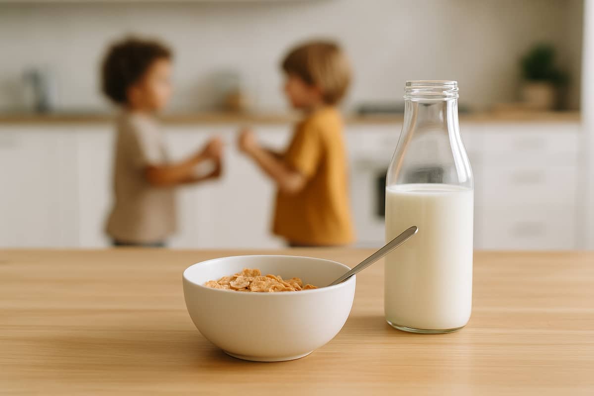 Un bol de lait avec des enfants qui jouent derrière dans une cuisine