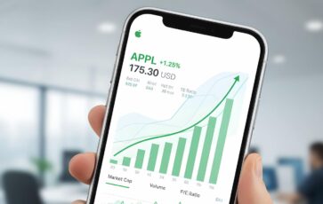 Un téléphone intelligent affichant un graphique boursier avec des courbes vertes, des données financières et un fond clair avec des graphiques dynamiques