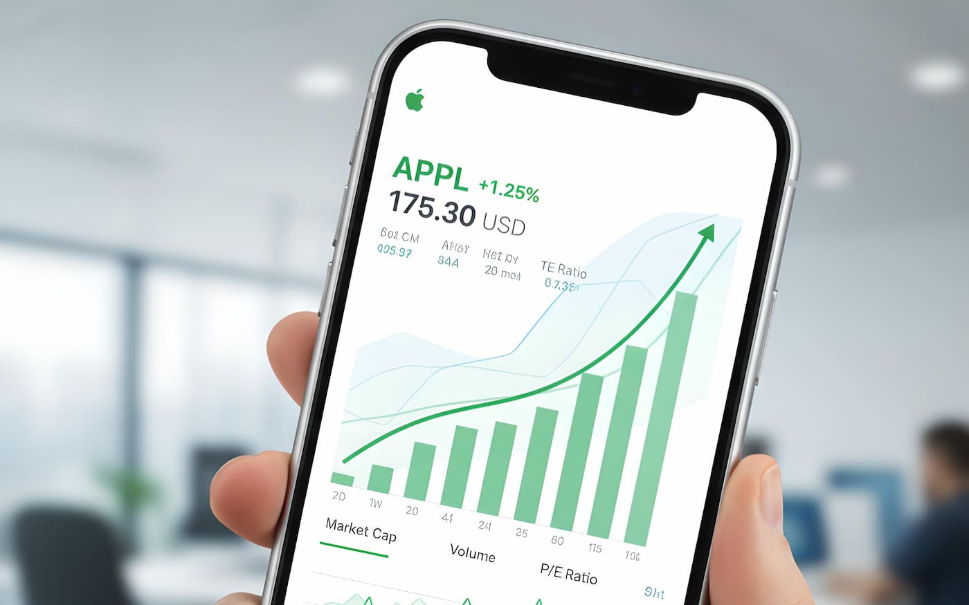 Un téléphone intelligent affichant un graphique boursier avec des courbes vertes, des données financières et un fond clair avec des graphiques dynamiques
