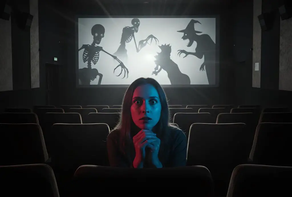 Image d'une personne effrayée en regardant un film d'horreur dans un cinéma