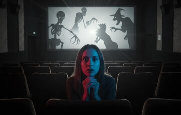 Image d'une personne effrayée en regardant un film d'horreur dans un cinéma