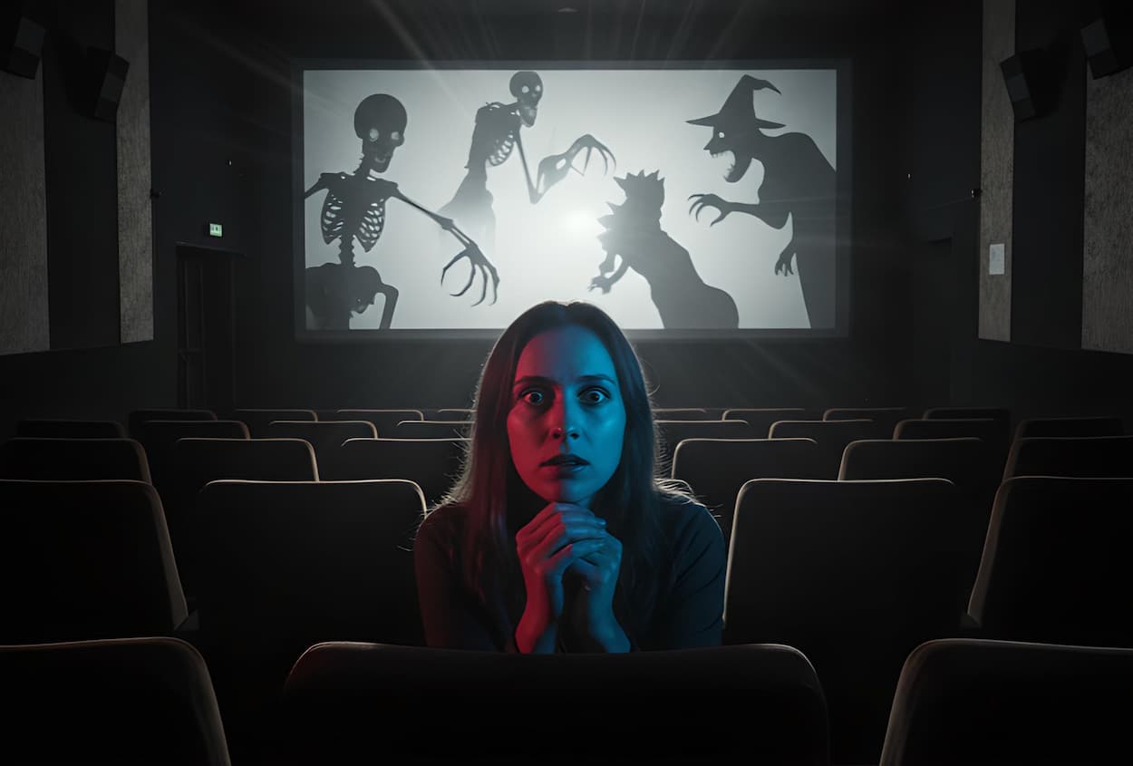 Image d'une personne effrayée en regardant un film d'horreur dans un cinéma